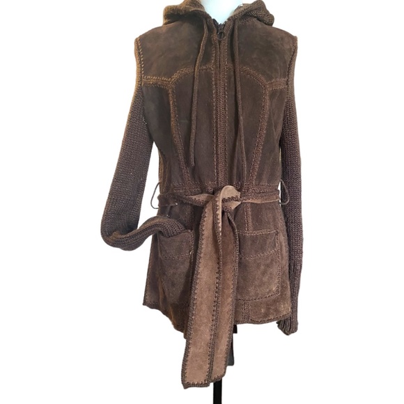 Vintage Suede patchwork knit belted boho jacket. Sz L - Picture 8 of 16